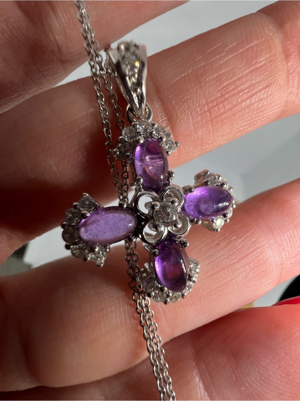 Joseph Esposito amethyst cabochon and CZ sterling silver cross necklace